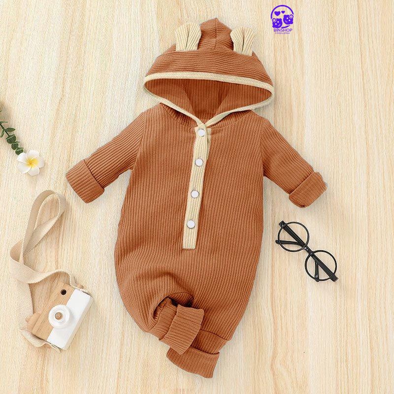 Body dài tay cho bé liền mũ chất Len Tăm mềm mịn, Đồ liên thân thu đông, bodysuit cho bé trai bé gái 0-12M