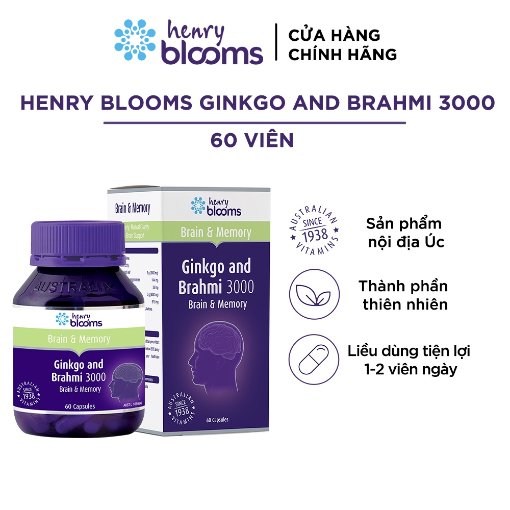 Viên uống hỗ trợ hoạt huyết Henry Blooms Ginkgo & Brahmi 3000 (60 viên) tăng cường tuần hoàn máu não, suy giảm trí nhớ
