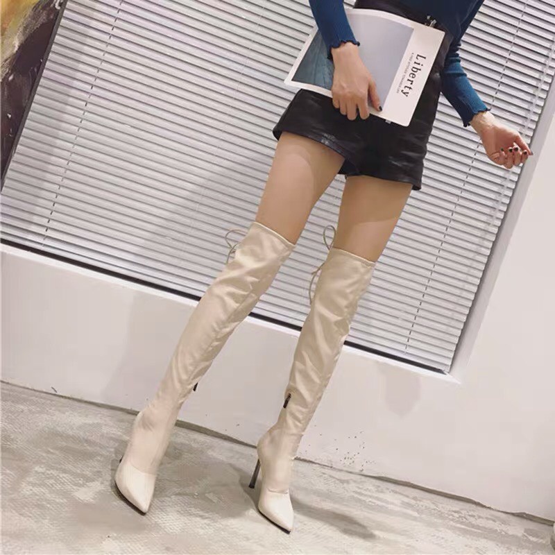 Bốt đùi nữ, boot da lì hàng QCCC gót đính đá 9 phân sang chảnh gót đính đá chắc chắn