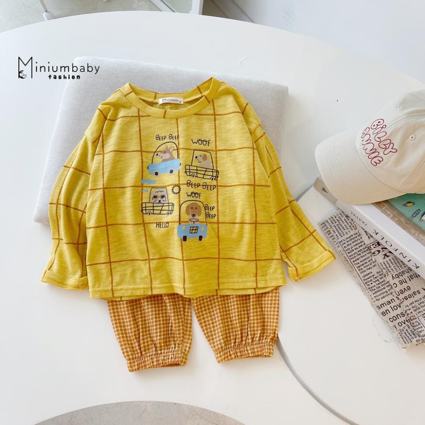 Bộ đồ dài tay quần dài thu đông chó đi ô tô, gà cho bé gái/trai chất liệu 100% cotton, quần áo trẻ em MiniumBaby-SB1315