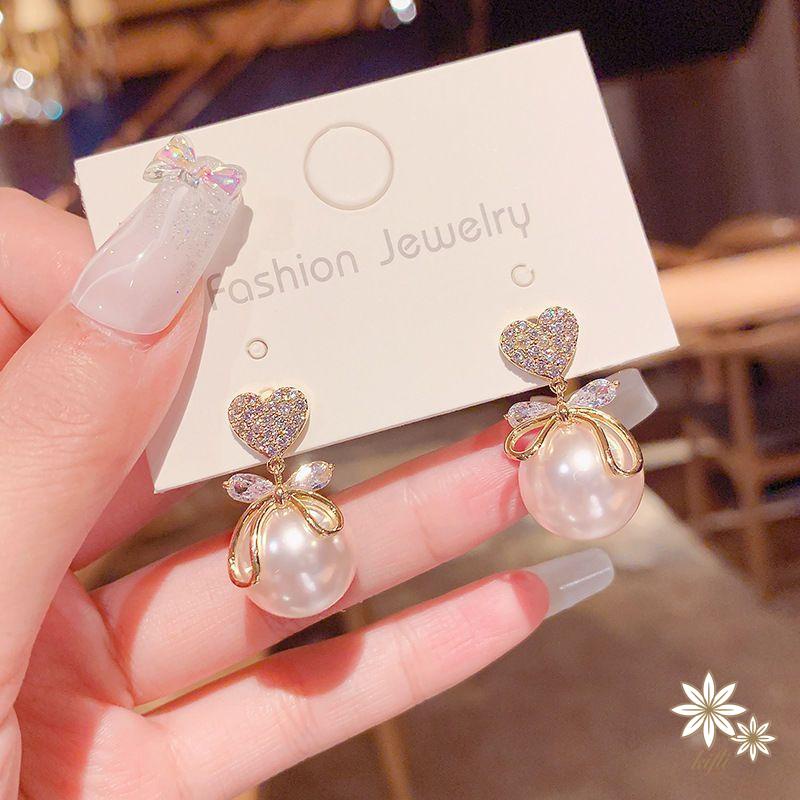 Bông Tai Hình Trái Tim Đính Đá Zircon Và Ngọc Trai Sang Trọng