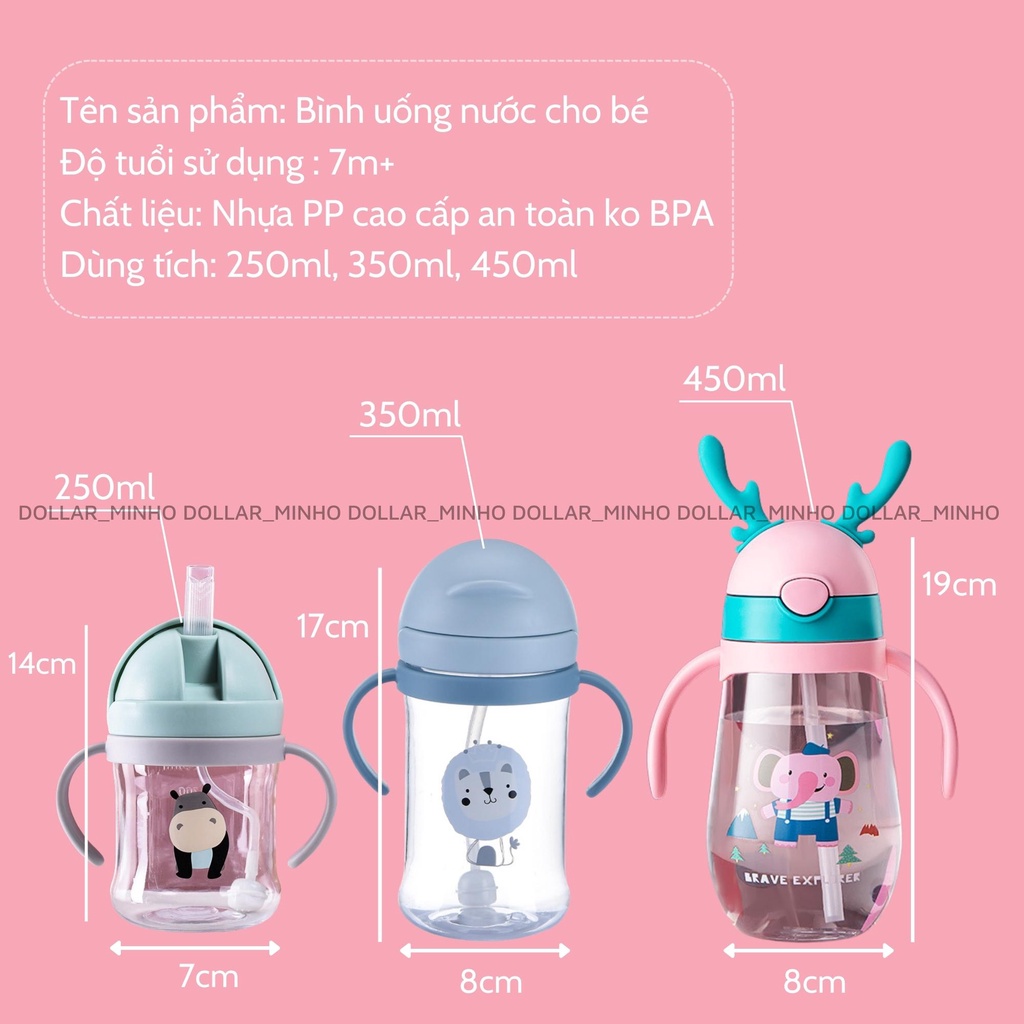 Bình tập uống nước 250ml có van chống sặc, có tay cầm cho bé từ 7m, nhiều hình ngộ nghĩnh, chất liệu nhựa PP CC an toàn