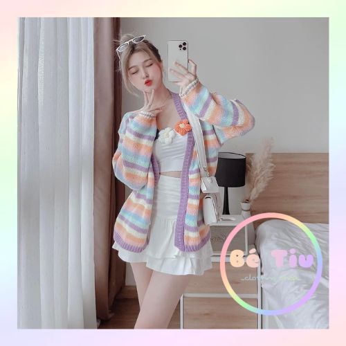 Áo Khoác Len Cardigan Tay Dài Choàng Kẻ Sọc Màu Sắc Thời Trang Hàn Quốc | Bé Tiu Clothing