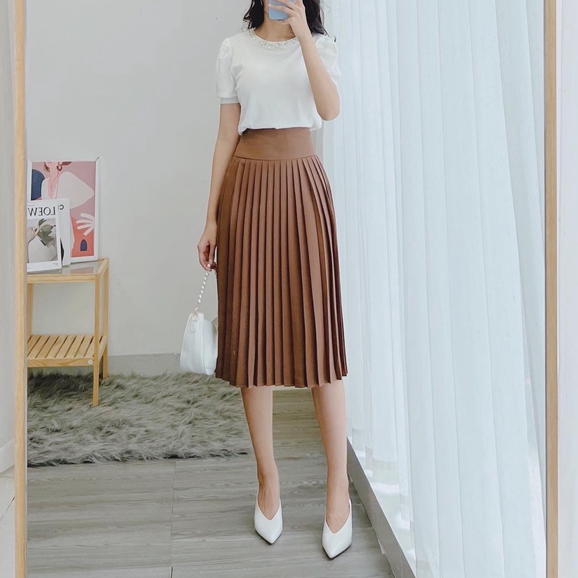 Chân Váy Công Sở Nữ Minz Store Mã CV008, Thiết Kế Dáng Xòe Dài Dập Ly Cạp Cao