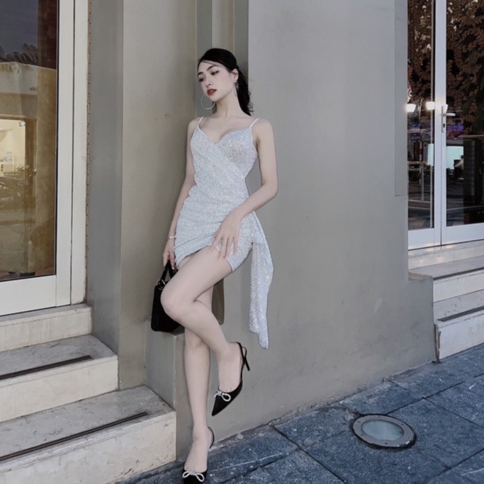 Váy 2 Dây Body Kim Sa Phối Tà Sang Chảnh Sexy Bùi Đượm Concept Chính Hãng, Váy Đi Tiệc Bling Nổi Bật Chiết Eo Cúp Ngực