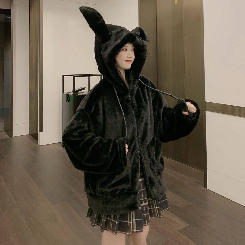 Áo Khoác Lông Tai Thỏ Dễ Thương Cho Nữ