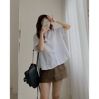 Áo sơ mi nữ kiểu kẻ sọc, Áo sơ mi tay ngắn phối cúc lưng ulzzang phong cách Hàn Quốc hottrend