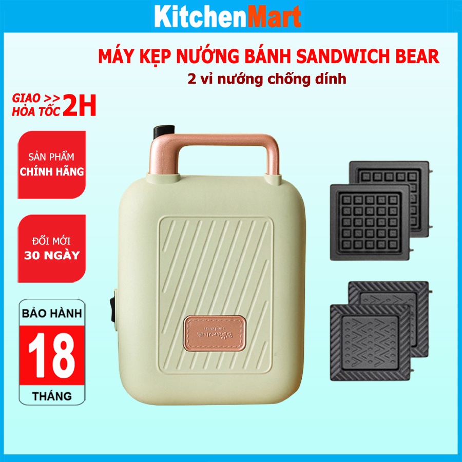 Máy kẹp nướng bánh mì sandwich Bear, làm bánh Waffle, bánh Quế, Hotdog, rán trứng, KitchenMart – Hàng chính hãng BH 18T