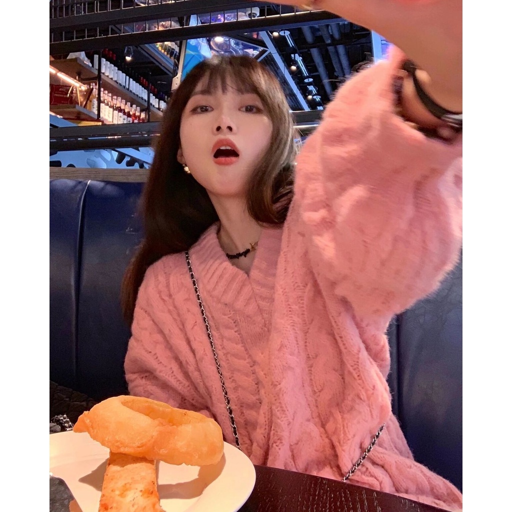 Áo Sweater Dệt Kim Tay Dài Dáng Rộng Cổ Chữ V Thời Trang Thu Đông Phong Cách Hàn Quốc