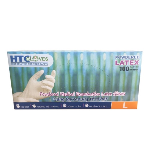 Găng tay y tế HTC Gloves có bột cao su latex màu trắng size S, M hộp 100 cái.