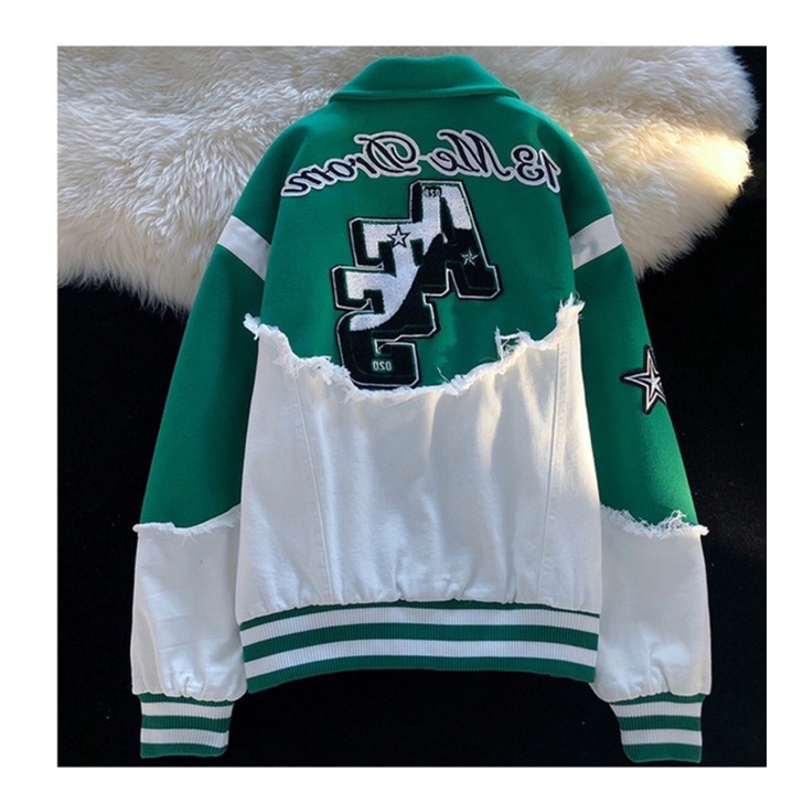 Áo khoác Varisity,Áo khoác bóng chày dạ phối jeans hoạ tiết thêu phong cách retro thời trang nam nữ