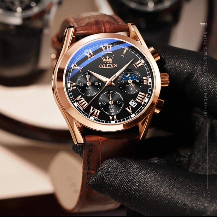 Đồng hồ nam Olevs chống thấm nước,dây da thoáng khí, đường kính 40mm