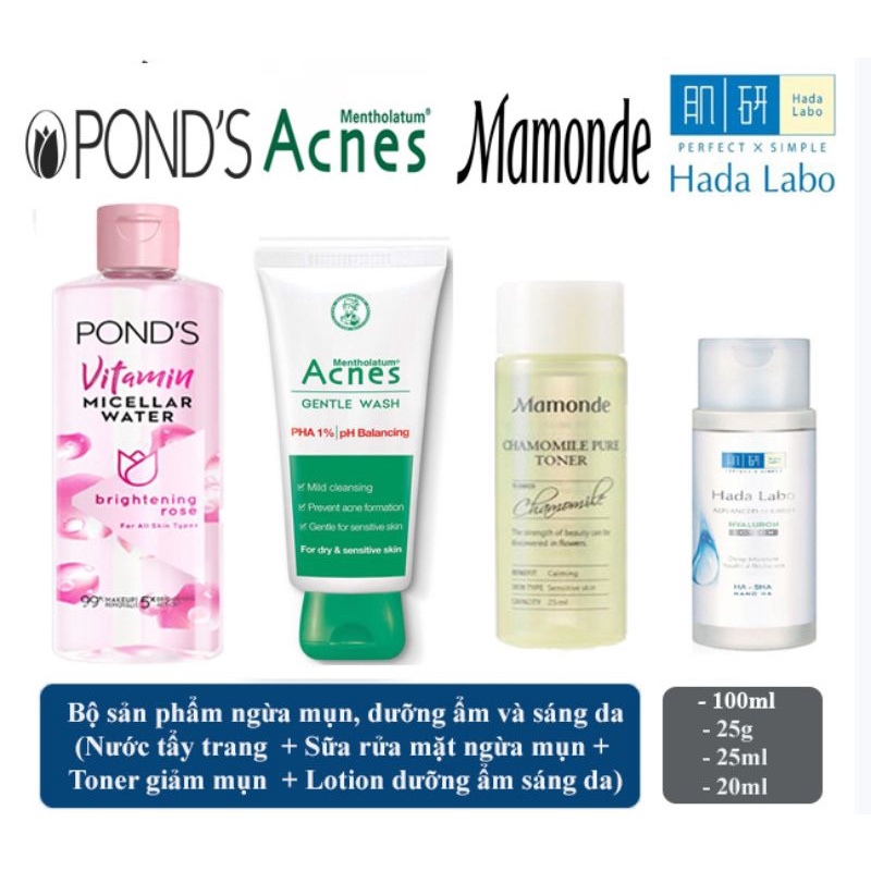 COMBO 4 MÓN SKINCARE NGỪA MỤN, SÁNG DA VÀ DƯỠNG ẨM