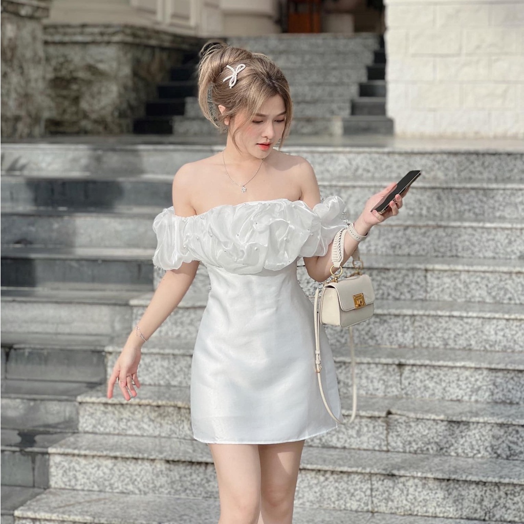 Đầm Body Dự Tiệc Trễ Vai Dáng xoè Cúp Ngực Phối Tơ Kết Ngọc - 2 Màu Trắng, Đen - Vải Tafta + Tơ - Mã Hàng ETA06