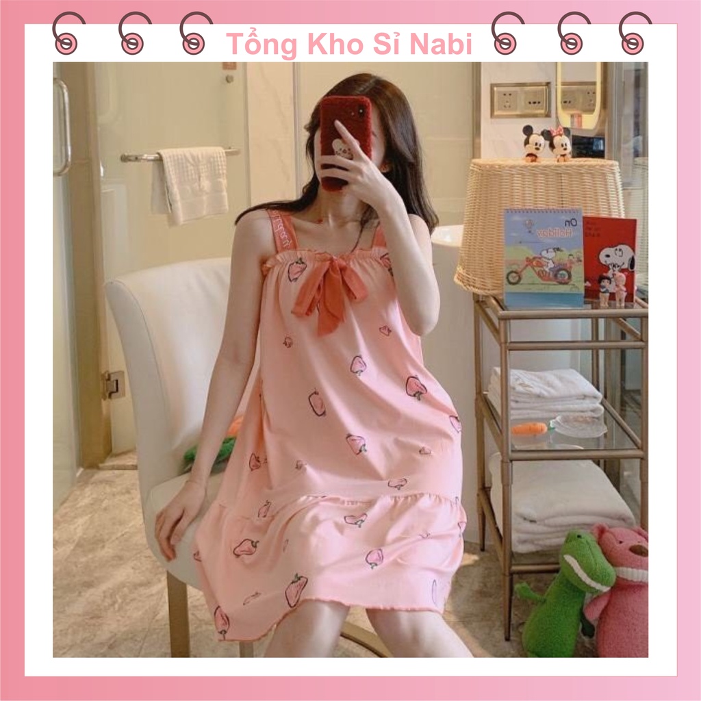Đầm Ngủ 2 dây họa tiết hình cute dễ thương - Kèm Bra lót mút chất liệu thun sữa mềm mại