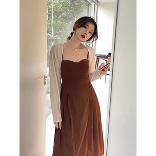 Set váy 2 dây nâu xoè sang trọng liền thâ n dáng dài + áo cardigan khoác ngoài hàng quảng châu có bigsize