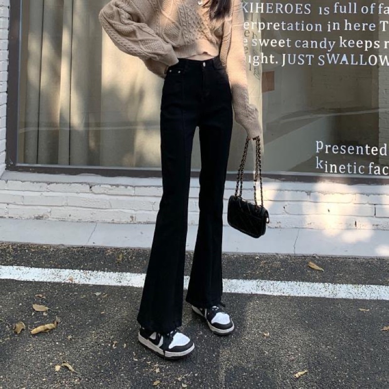 Urihouse - Quần jeans đen ống loe cạp cao chất co giãn siêu tôn dáng hack chân