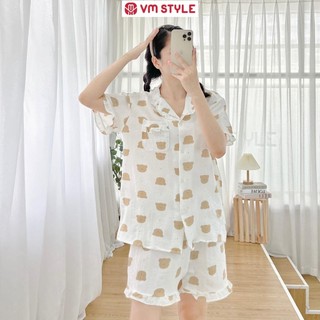 Đồ bộ VM Shop áo tay ngắn cổ vest viền bèo 1 túi kèm quần ngắn thời trang ulzzang DBU00004