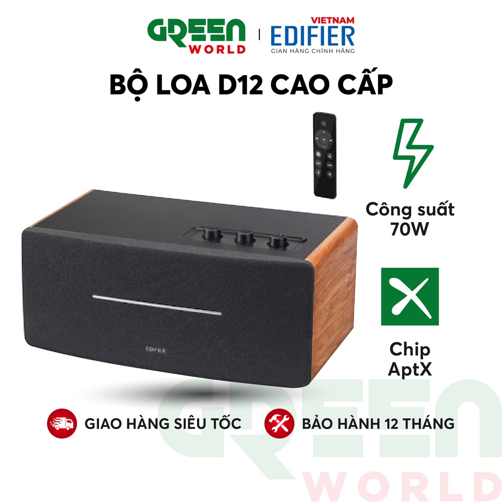Loa Bluetooth 5.0 EDIFIER D12 Vỏ gỗ chống dội âm - Hỗ trợ AUX âm thanh nổi Stereo - Kèm remote điều khiển
