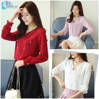 Áo sơ mi nữ áo kiểu cao cấp tay dài cổ thắt nơ