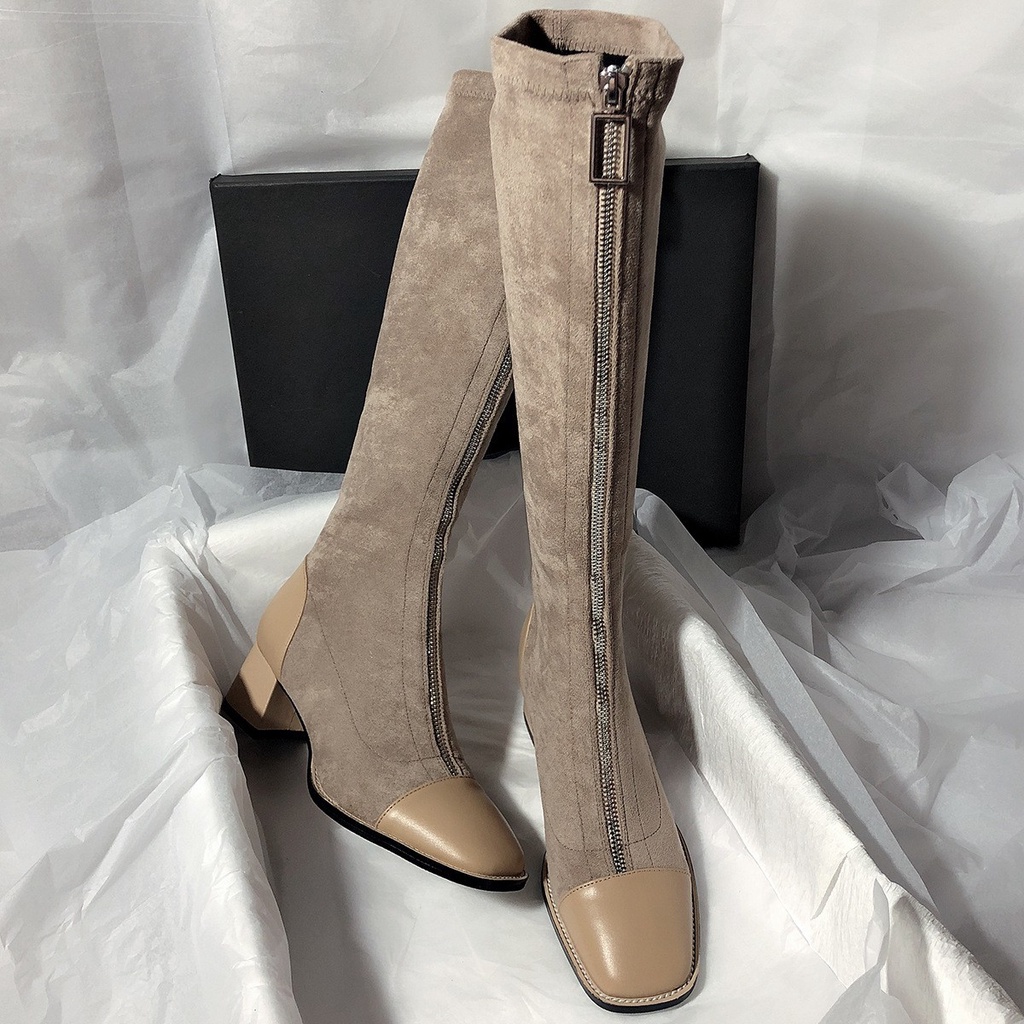 Giày Bốt Cao Gót Mũi Vuông Màu Sắc Đơn Giản Phong Cách Hàn Quốc