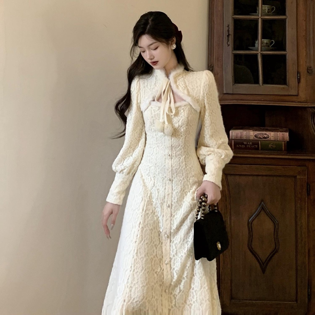 Đầm Ren Dáng Dài Chiết Eo Phong Cách Retro Cao Cấp