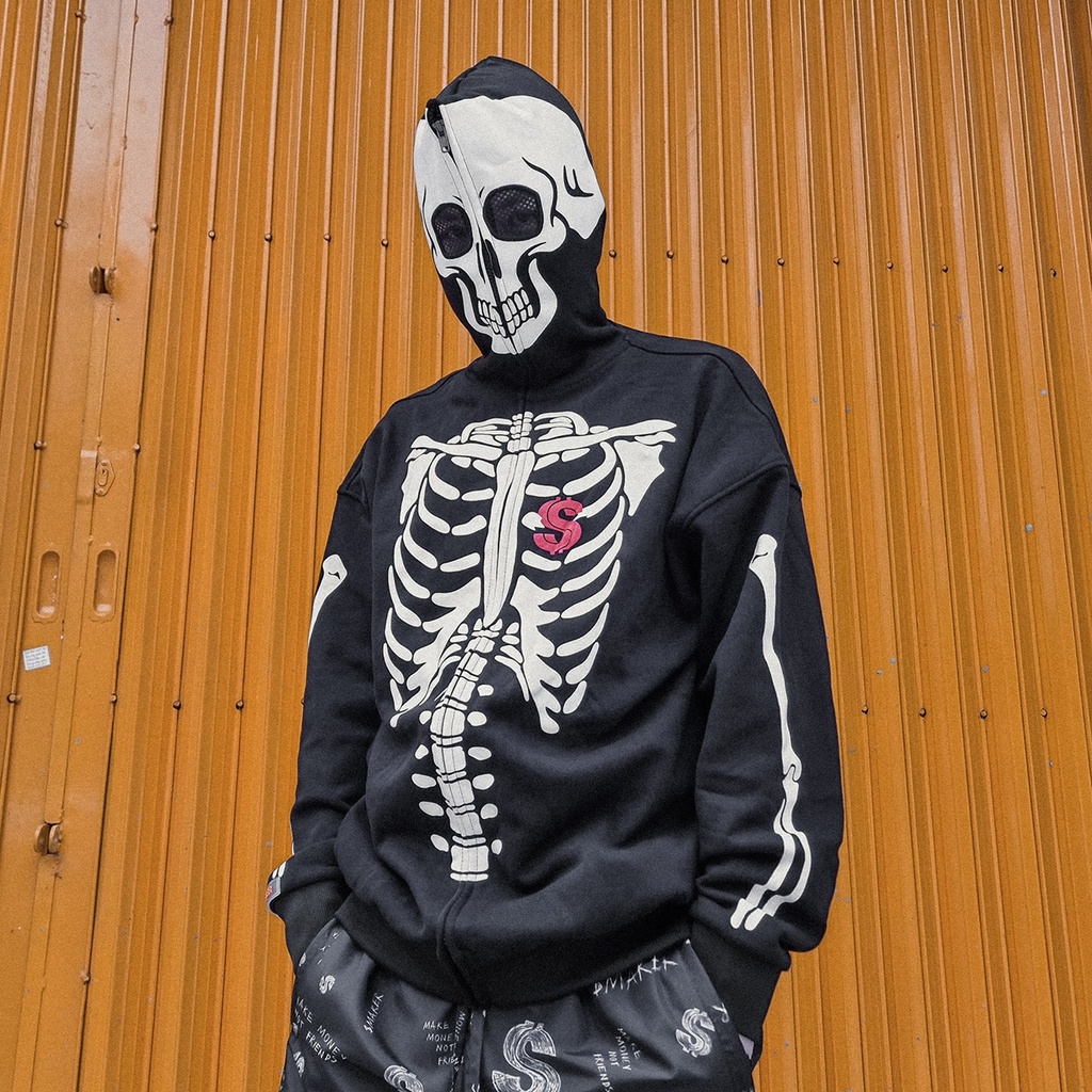 Áo Outerwears Sweater Local Brand, họa tiết đầu l.â.u, chất cotton Unisex Sweatshirts -"SKELETON" ZIPPED HOODIE