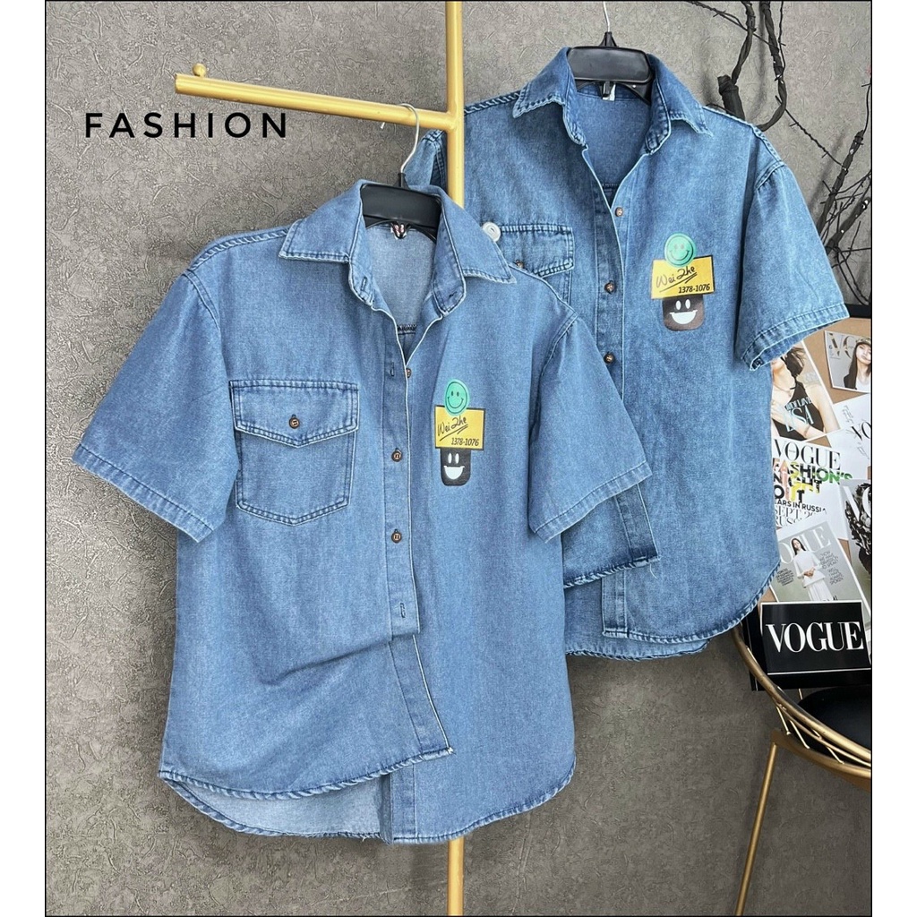 Áo bò nữ cộc tay màu đậm và nhạt nhẹ dáng rộng cá tính, áo sơ mi jean nữ