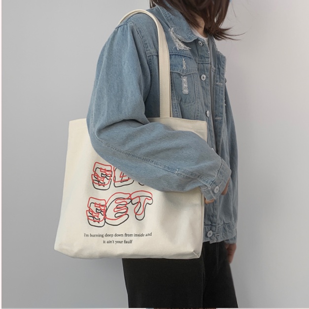 Túi tote vải canvas ulzzang unisex đi học đi làm có khoá miệng, có ngăn phụ in chữ SUN SET màu be