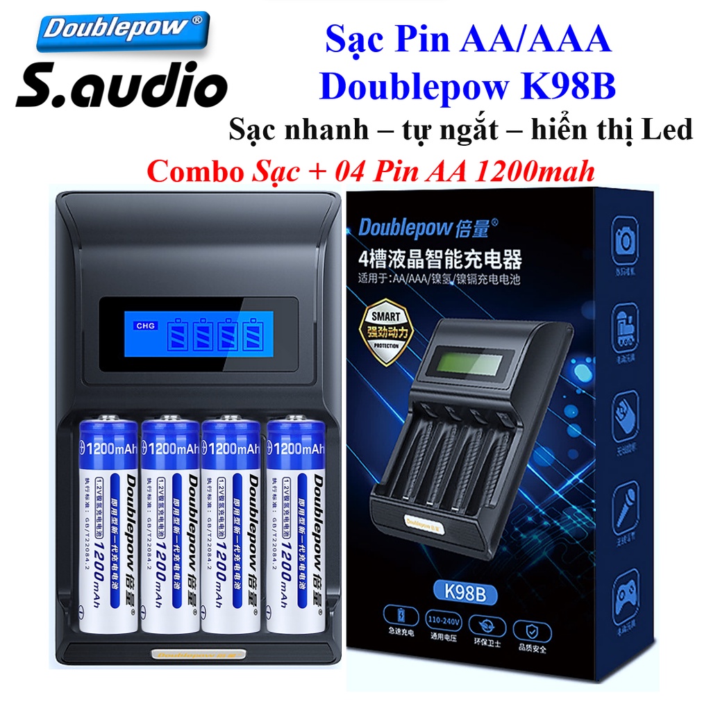 Combo sạc pin AA & AAA + 4 Pin AA 1200mah Doublepow tự ngắt khi đầy sạc nhanh | Chính hãng BH 18T