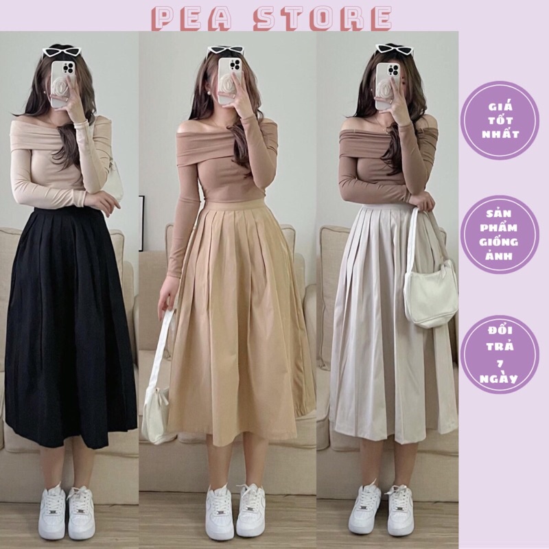 Chân váy kaki xếp li dáng dài basic Pea Store (Ảnh thật)