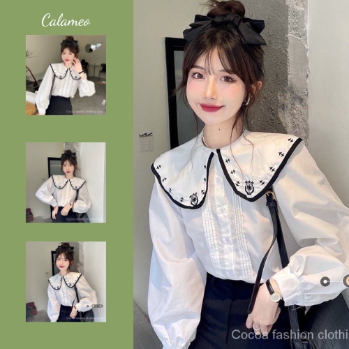 Áo sơ mi cổ sen thêu họa tiết dáng tay bo gấu xinh xắn