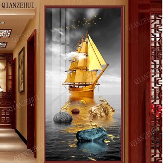 Diy Tròn Kim Cương Bắc Âu Hiện Đại Tài Lộc Nai Sừng Tấm Thuyền Vàng Hành Lang Núi Kim Cương Thêu Cây May Mắn Nai Sừng Tấm Kim Cương Thêu Chữ Thập 5D Hạt Tranh DIY