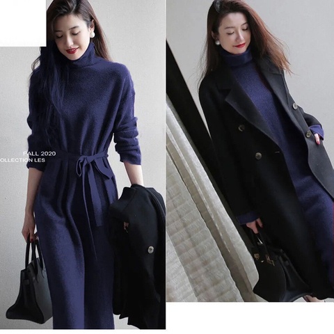 Đầm Sweater Dáng Dài Qua Gối Thời Trang Thu Đông Phong Cách Pháp Cổ Điển Size M-3xl Cho Nữ