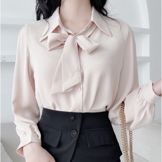 Áo sơ mi cổ đức dây nơ tiểu thư begie a1421