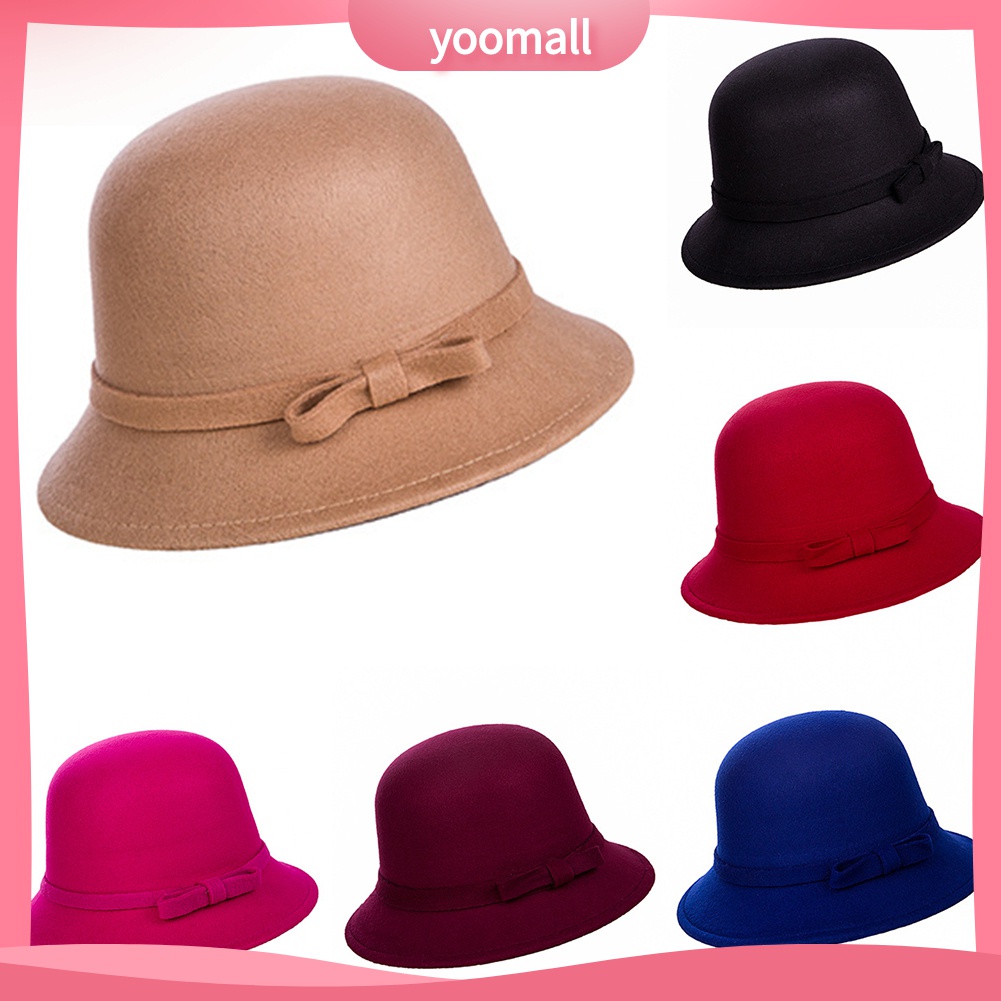 Yomall♡ Mũ Bowler Len Lông Cừu Màu Trơn Đính Nơ Thời Trang Thu Đông Cho Phái Nữ