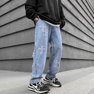 Quần jean nam ống suông, quần baggy jean nam ống rộng thêu thánh giá