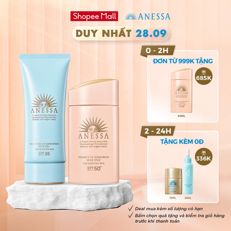 Bộ đôi kem chống nắng Anessa dịu nhẹ an toàn cho da nhạy cảm 60ml & trẻ em Mild Milk - Anessa Mild Gel 90g