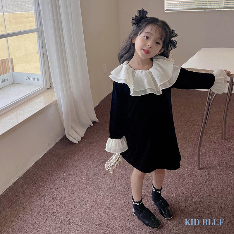 Đầm Nhung Dài Tay Hai Lớp Cổ Búp Bê Thời Trang Hàn Quốc Cho Bé Gái