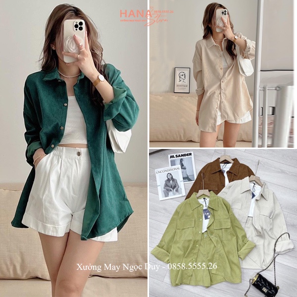 Áo sơ mi nhung tăm nữ tay dài phồng bồng có cổ túi - Áo sơ mi nữ kiểu form rộng Hàn Quốc Unisex vải dày đi học công sở