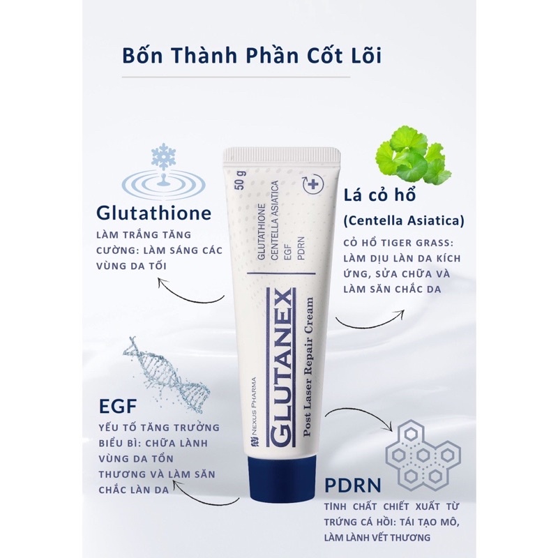 Kem phục hồi làm trắng sáng mờ đốm nâu GLUTANEX CICA CREAM Post Laser Repair Cream Nexus Pharma tube 50g