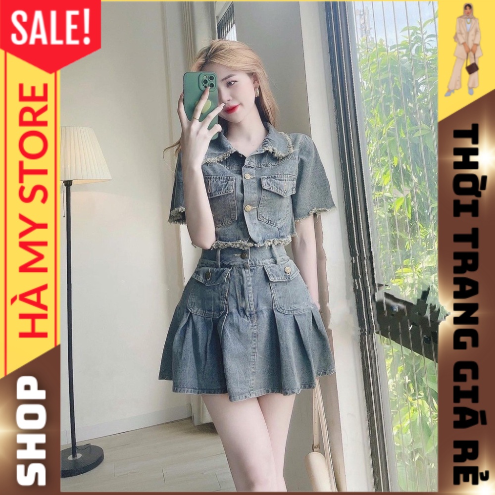 Set bộ Bò Denim - Áo cộc tay mix chân váy, Hàng QC cao cấp, chất dày dặn, mềm mịn, mặc lên tôn dáng, siêu sang chảnh.