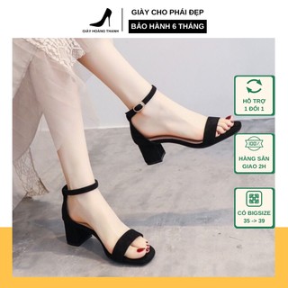 Giày sandal cao gót quai ngang 7p guốc xăng đan nữ đen gót vuông hoàng thanh v62