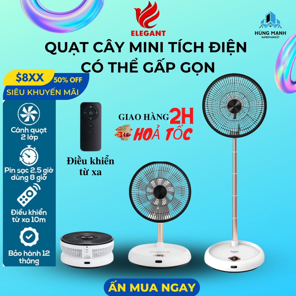 Quạt gấp thông minh tích điện Elegant thương hiệu Đức, thiết kế sang trọng, cánh quạt 2 tầng