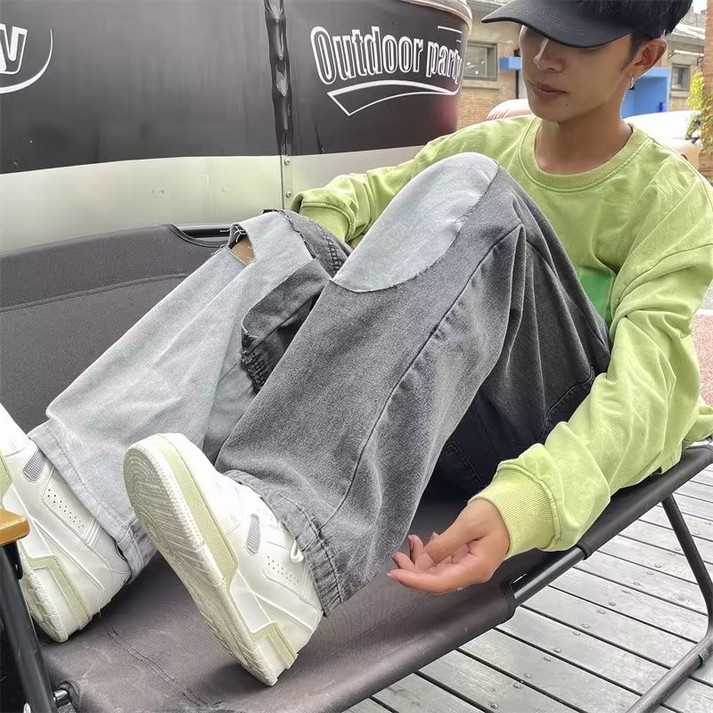 Quần Jean Dài Dáng Rộng Chống Mòn Phong Cách Hip Hop Đường Phố Nhật Bản Cỡ S-3XL Cho Nam