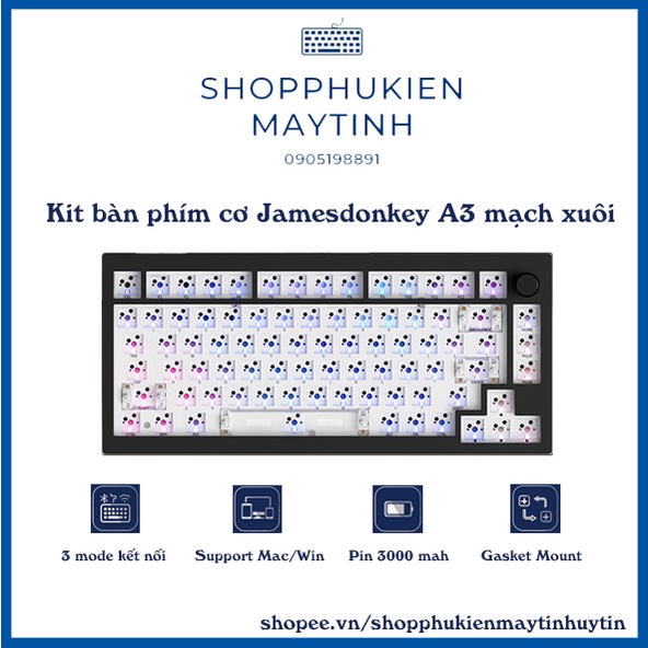 Kit bàn phím Jamesdonkey A3 mạch xuôi, Gasket mount, 3 mode kết nối, Led RGB, pin 3000mAh