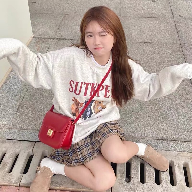 SUXI Áo Nỉ Dài Tay Cổ Tròn Màu Trơn In Chữ Thời Trang Cho Nữ