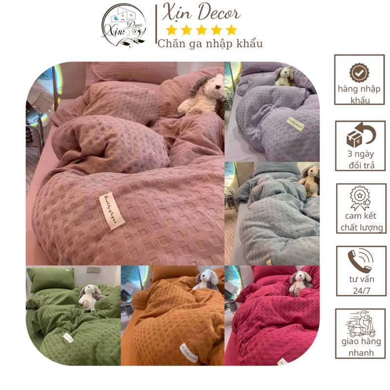 Bộ ga gối và vỏ chăn Cotton Waffle đơn sắc kẻ sọc ô vuông
