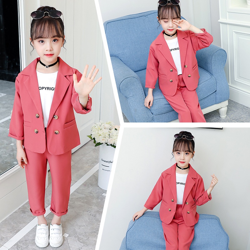 Set trang phục hai món IQ ANGEL áo khoác blazer và quần dài phong cách Hàn Quốc thời trang mùa thu mới dành cho bé gái