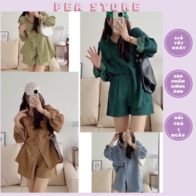 Set áo sơ mi nhung tăm oversize kèm quần sooc cạp chun sau Hàn Quốc PeaStore (ảnh thật)